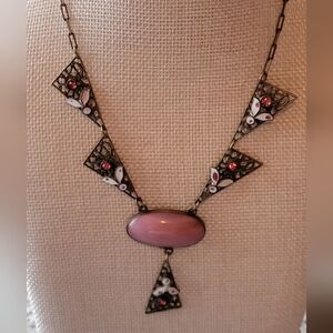 Antique Vintage Pink Czech Glass and Brass Necklace